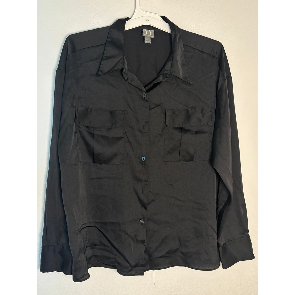 Worthington Black Satin Long Sleeve Button Down Blouse Shirt Large Pocket Front